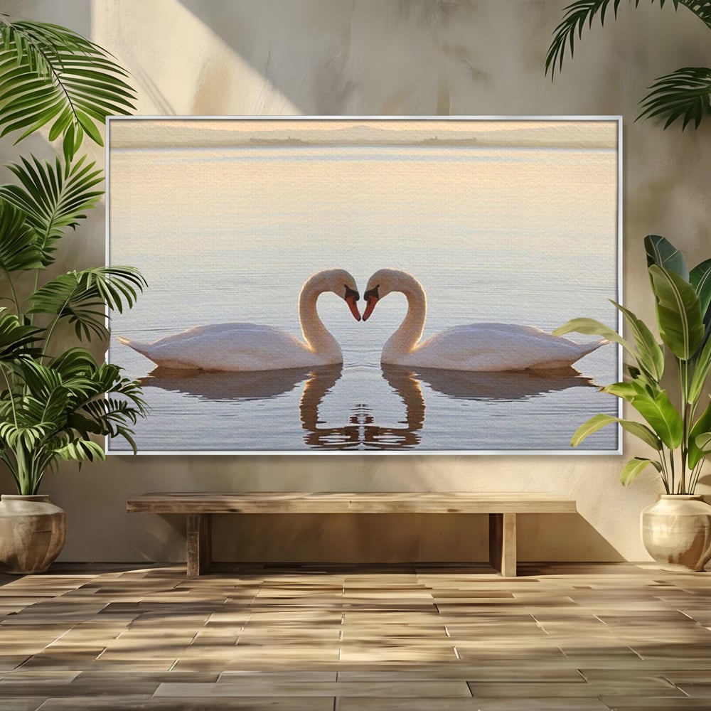 Tablou canvas cu tablou canvas cu lebede pe lac, in rama de aluminiu argintiu